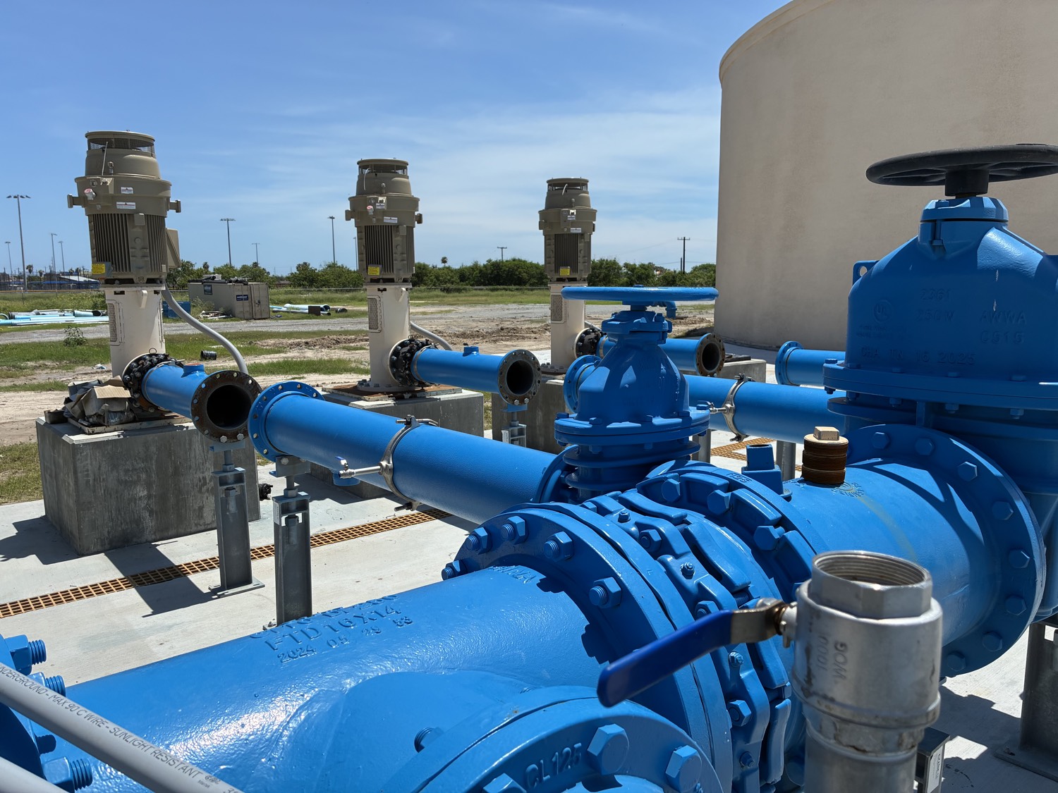 High service pumps and process piping at the Laguna Madre Water District Port Isabelle Microfiltration Plant